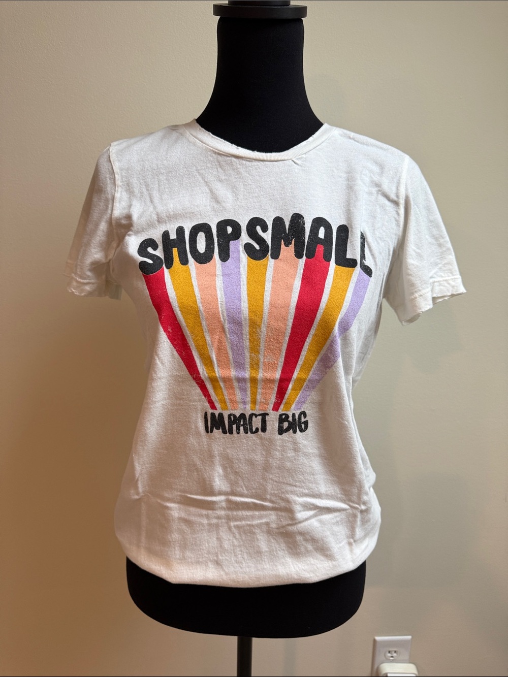 Dazey LA White 'Shop Small' Graphic Tee with Red Yellow Pink Purple Stripes